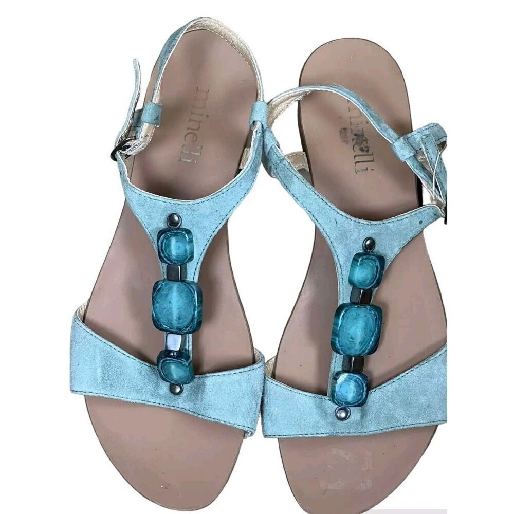 Minelli Women Turquoise Strappy Cone Heel Jeweled Sandals Made in Italy Size 37